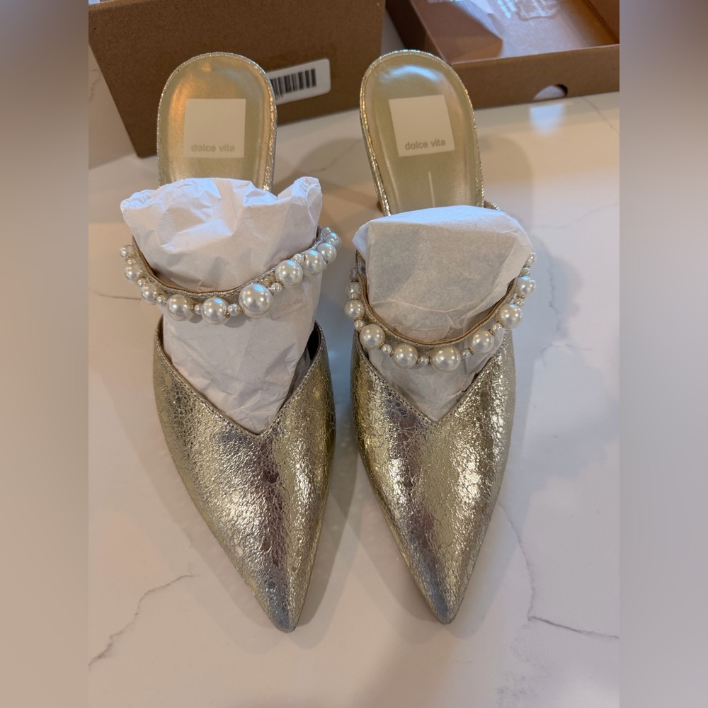 Dolce Vita Kanika Vintage Gold Heels with Pearl Accent